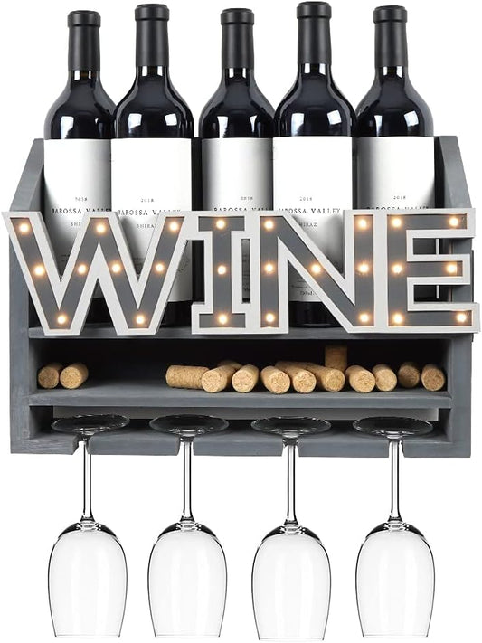 LED Wooden Wall Mounted Wine Rack and Glass Holder