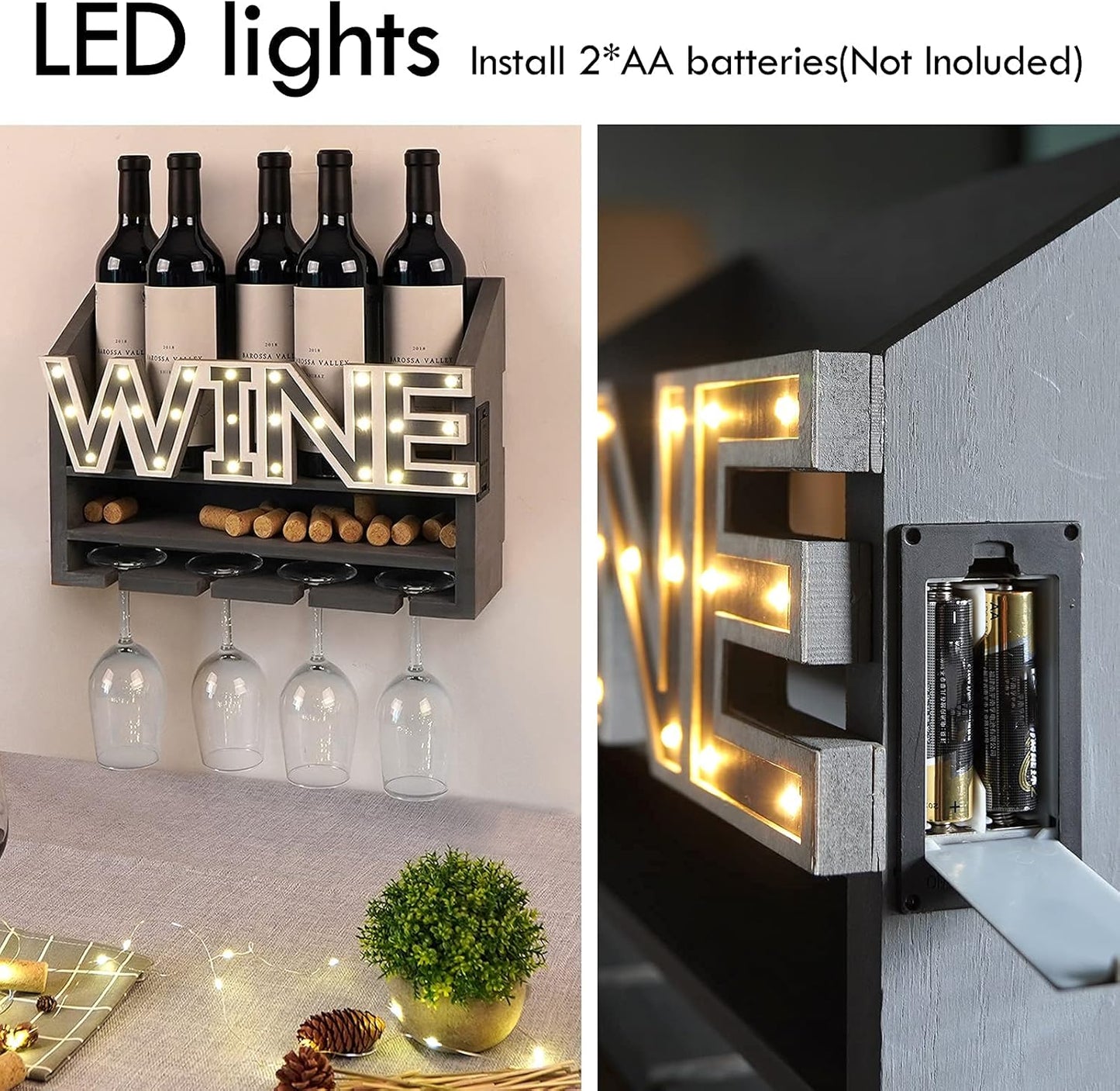 LED Wooden Wall Mounted Wine Rack and Glass Holder