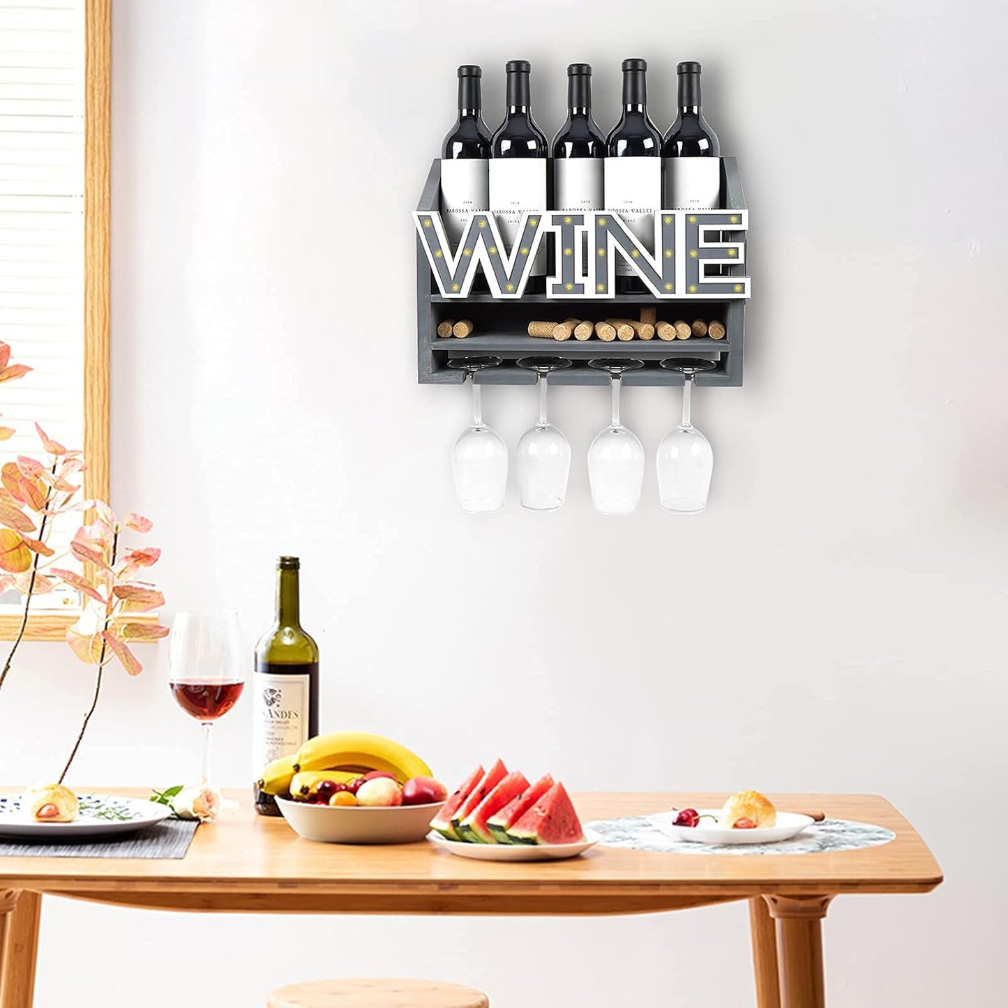 LED Wooden Wall Mounted Wine Rack and Glass Holder