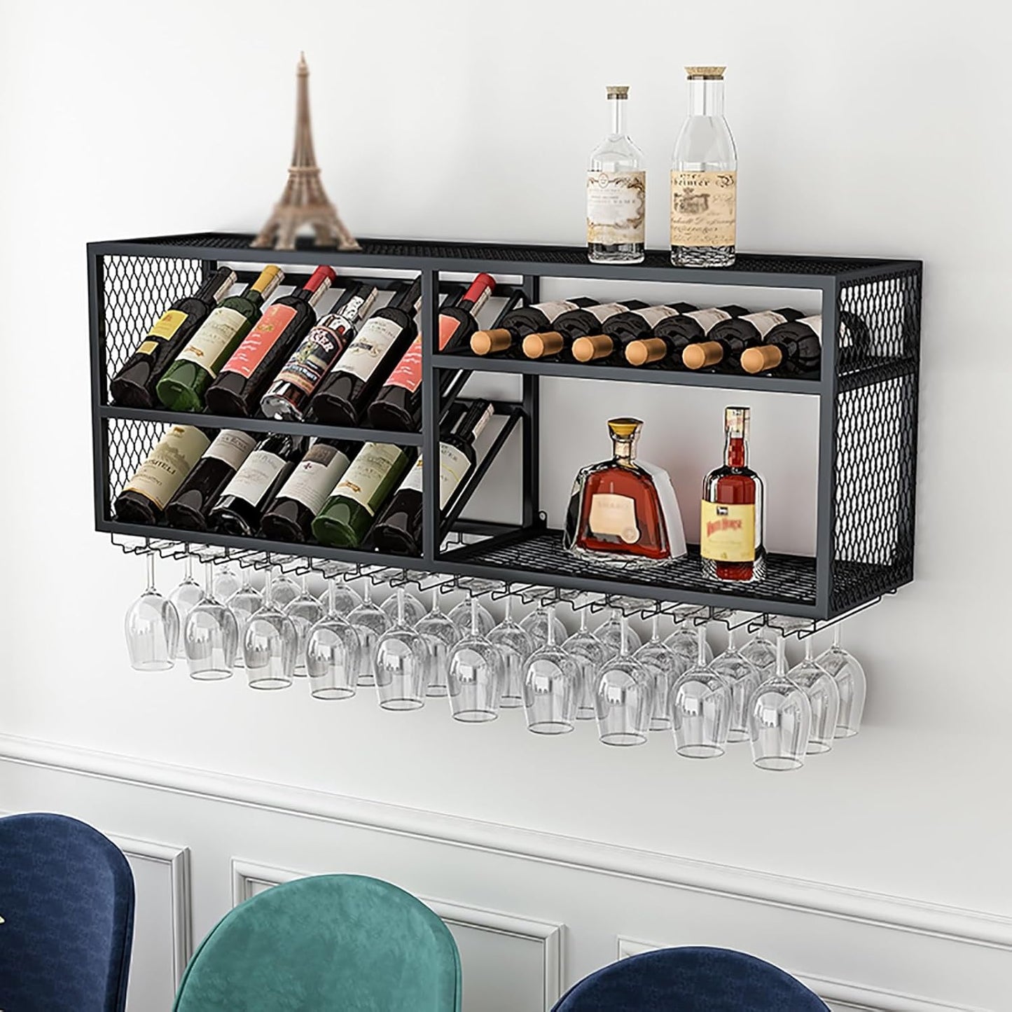 Industrial Wall Mounted Wine Rack with Glass Holder