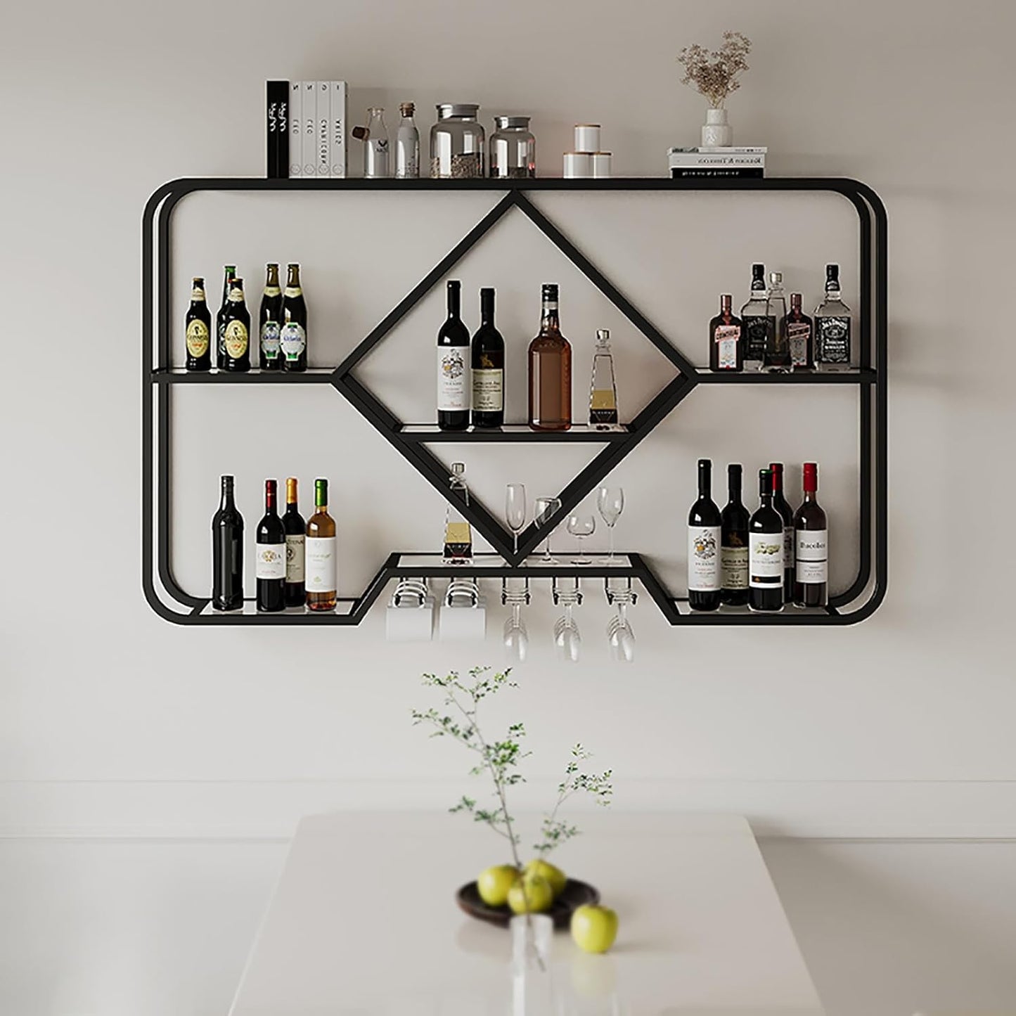 Modern Wall Mounted Metal Wine Rack and Glass Holder