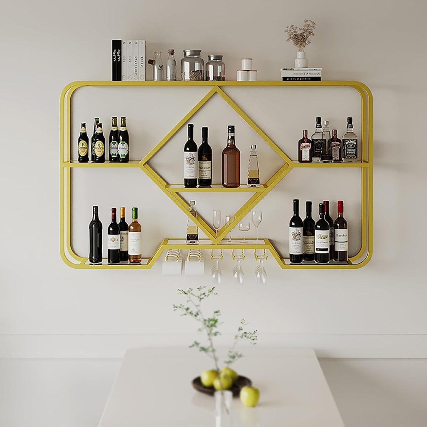 Modern Wall Mounted Metal Wine Rack and Glass Holder