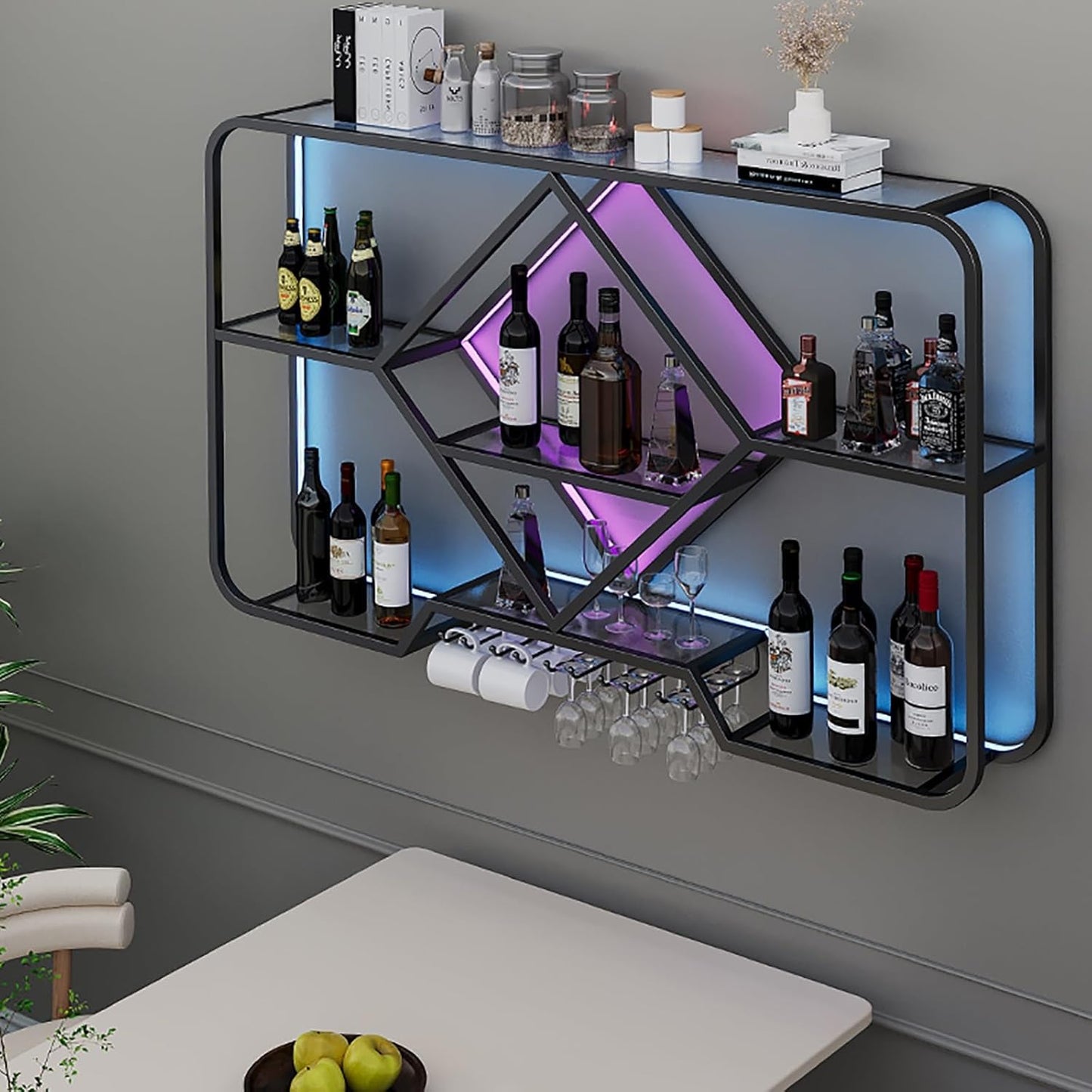 Modern Wall Mounted Metal Wine Rack and Glass Holder